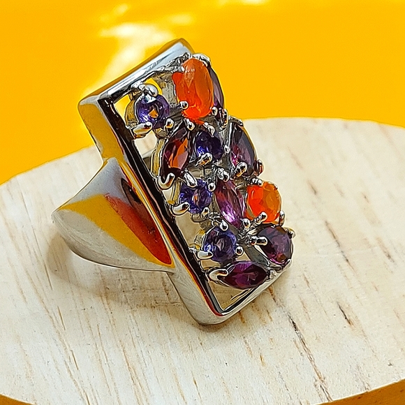 Natural Orange Opal, Amethyst, Rhodolite 925 Sterling Silver Ring Sz 7.5 - Picture 8 of 10